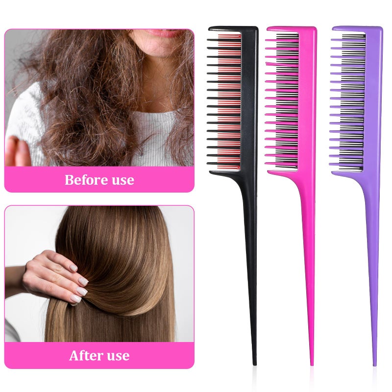 Alrhso 3 Pack Professional Teasing Comb, Triple Teasing Comb Rat Tail Tool Hair Cutting Combs Professional Add Volume Fine and Normal Hair Types for Women And Men (Black Purple and Red) - Image 3